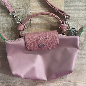LONGCHAMP Mini tote pink with green edges with crossbody strap